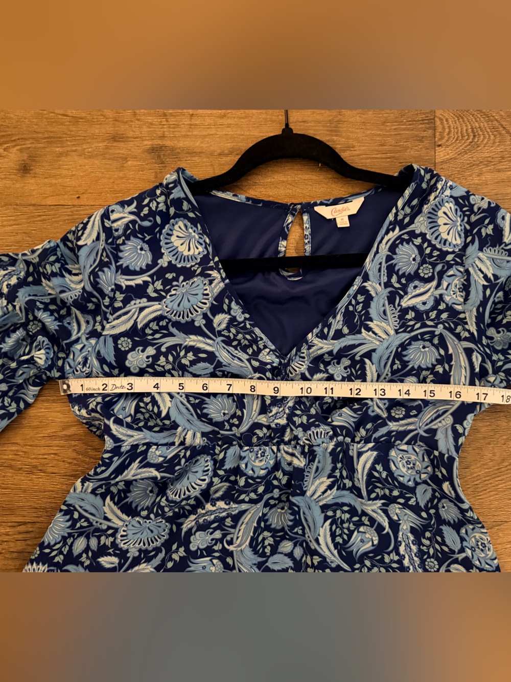 Candie's Blue Paisley Mini Dress with Black Lace Trim Sleeves Size Medium - Picture 4 of 10